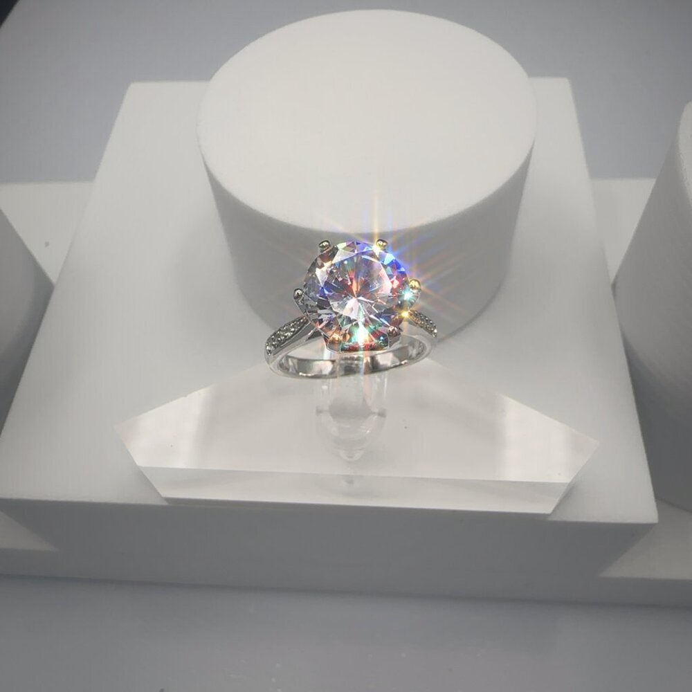 Round Cut Simulated Diamond Engagement Ring With Pave Band In Silver Tone 4CT - Picture 13 of 14